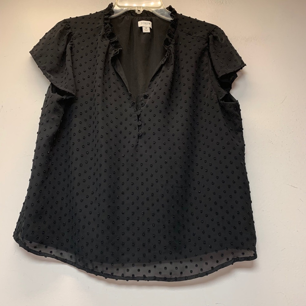 J.Crew Blouse Womens Medium Black Excellent Clip Dot Ruffle Cap Sleeve Top